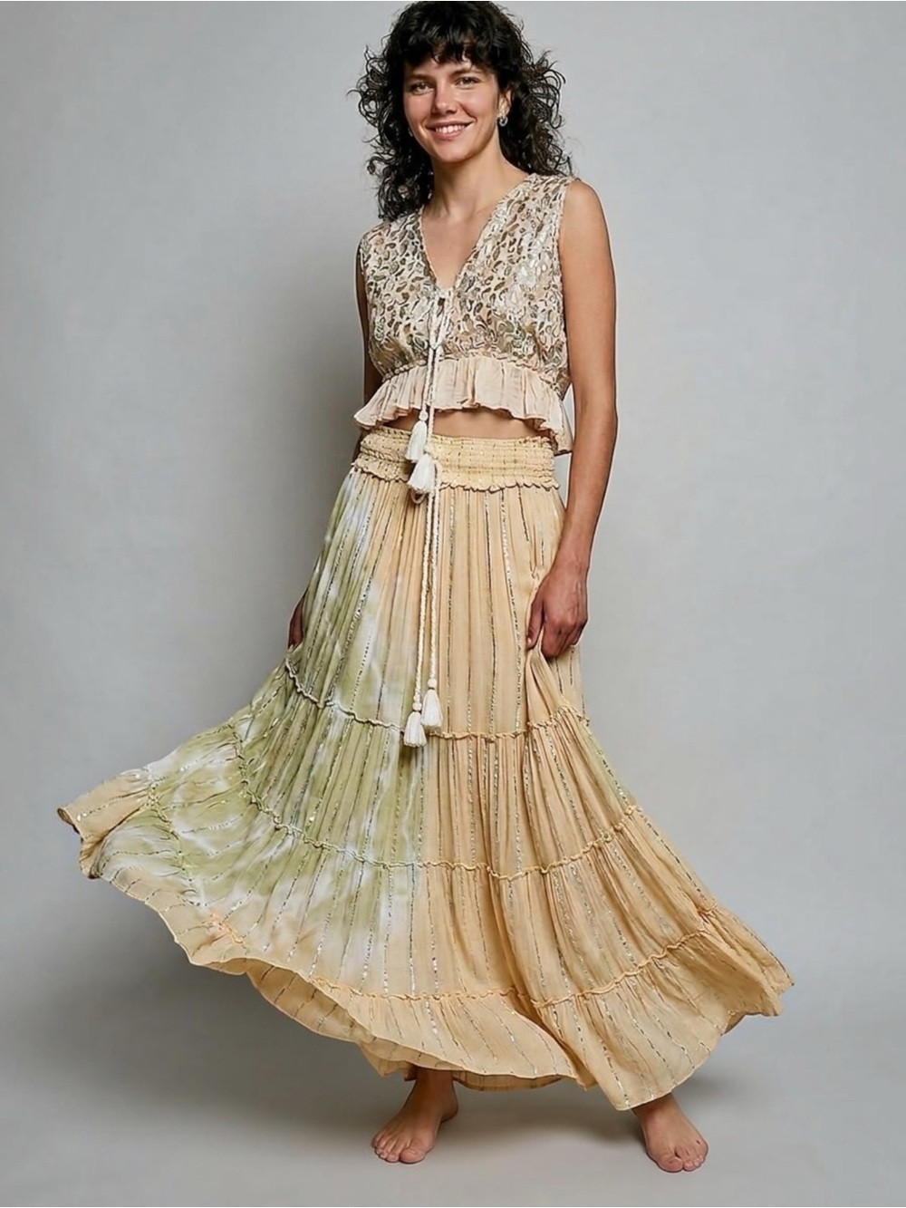 POL Tan Sage Boho Tiered Flowy Maxi Skirt | Smocked Waist Desert  Festival - Picture 3 of 9